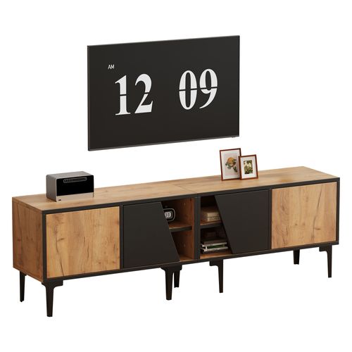 Meuble TV Bas 160 × 36,5 × 45 Cm Couleur Bois Naturel, 4 Niches, Pour TV Jusqu’à 65", Salon