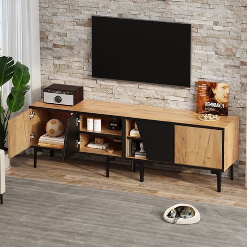 Meuble TV Bas 160 × 36,5 × 45 Cm Couleur Bois Naturel, 4 Niches, Pour TV Jusqu’à 65", Salon