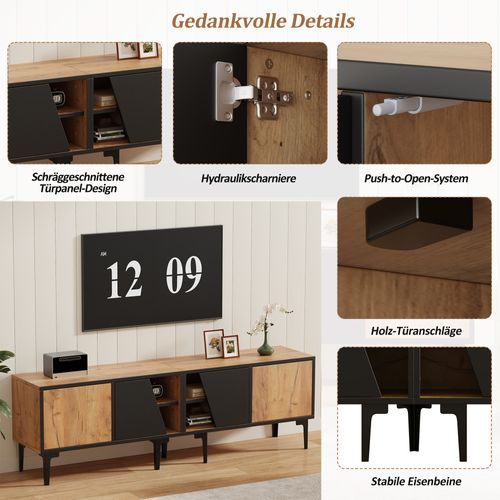 Meuble TV Bas 160 × 36,5 × 45 Cm Couleur Bois Naturel, 4 Niches, Pour TV Jusqu’à 65", Salon