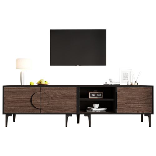 Meuble TV Bas 180 × 35 × 49 Cm Couleur Noyer Foncé, 2 Placards Et Niches Ouvertes, Pour Salon