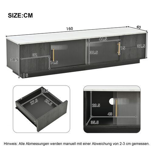 Meuble TV 160 Cm Deluxe Pour TV 70", Gris, Plateau Marbré, Gestion Des Câbles, Tiroirs Push-to-open