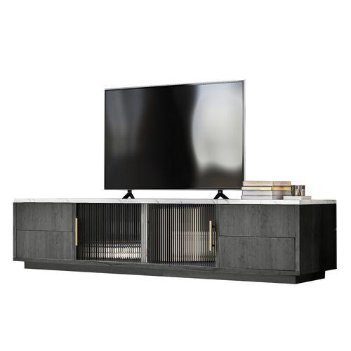 Meuble TV 160 Cm Deluxe Pour TV 70", Gris, Plateau Marbré, Gestion Des Câbles, Tiroirs Push-to-open