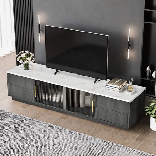 Meuble TV 160 Cm Deluxe Pour TV 70", Gris, Plateau Marbré, Gestion Des Câbles, Tiroirs Push-to-open