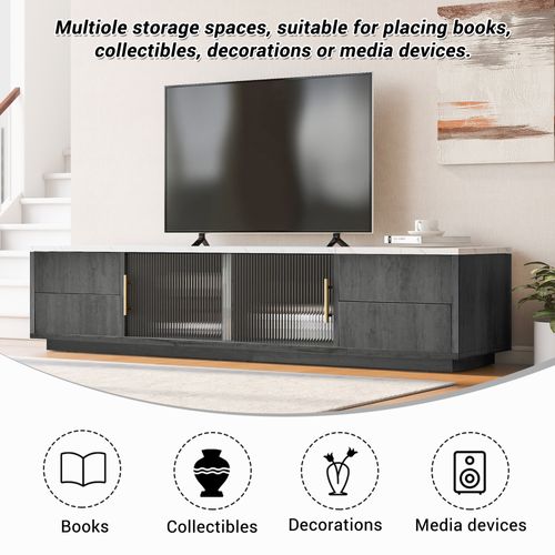 Meuble TV 160 Cm Deluxe Pour TV 70", Gris, Plateau Marbré, Gestion Des Câbles, Tiroirs Push-to-open