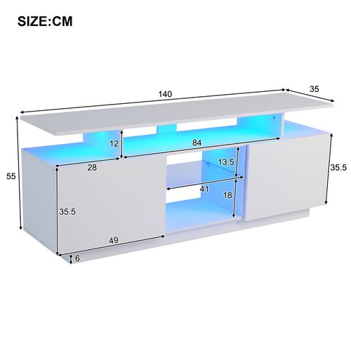 Meuble TV Blanc 140 Cm, LED 16 Couleurs, Portes Laquées Avec Vitres, Rangement Pour TV Jusqu’à 60"