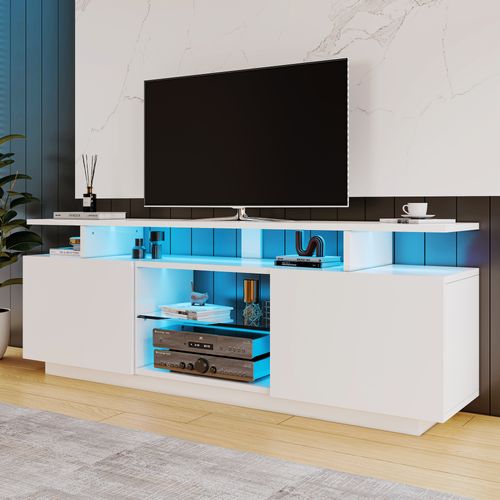 Meuble TV Blanc 140 Cm, LED 16 Couleurs, Portes Laquées Avec Vitres, Rangement Pour TV Jusqu’à 60"