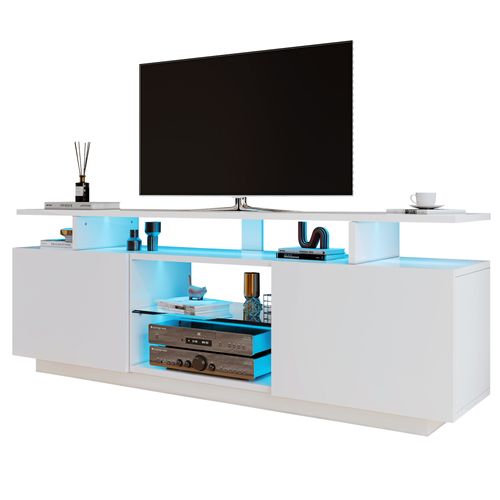 Meuble TV Blanc 140 Cm, LED 16 Couleurs, Portes Laquées Avec Vitres, Rangement Pour TV Jusqu’à 60"