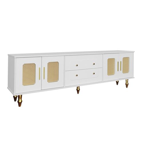 Meuble TV Lowboard Style Rétro, Poignées Dorées, Porte En Rotin Et Pieds Métal, Pour Salon, Blanc