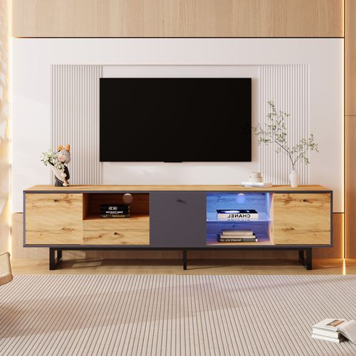 Meuble TV Lowboard Avec LED, Séparation En Verre, Charnières Amorties, Salon, 190 X 40 X 50 Cm, Bois