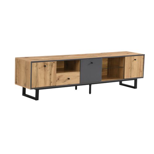 Meuble TV Lowboard Avec LED, Séparation En Verre, Charnières Amorties, Salon, 190 X 40 X 50 Cm, Bois
