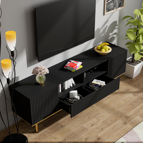 Meuble TV Moderne Avec Pieds Dorés Et Bordure Dorée, Grande Capacité De Rangement Pour Salon, Noir