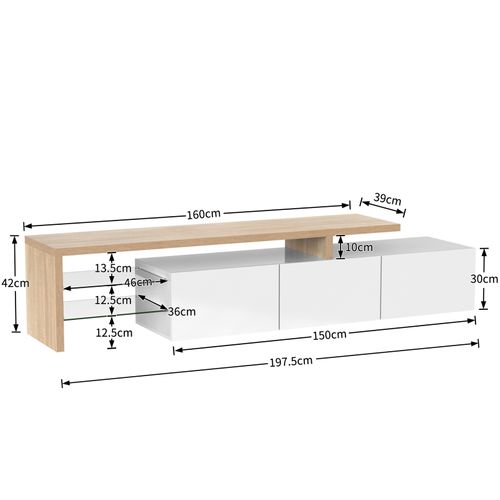 Meuble TV Moderne Blanc Laqué Et Bois – LED, Étagères En Verre, Avec Rangement, 197 X 39 X 42 Cm