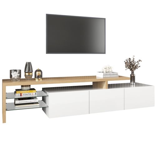 Meuble TV Moderne Blanc Laqué Et Bois – LED, Étagères En Verre, Avec Rangement, 197 X 39 X 42 Cm