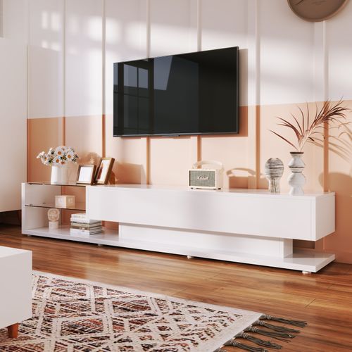 Armoire TV Moderne Avec Lampes LED, Meuble TV Avec 2 Tiroirs Et Étagères En Verre, Meuble Bas, Blanc