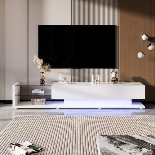 Armoire TV Moderne Avec Lampes LED, Meuble TV Avec 2 Tiroirs Et Étagères En Verre, Meuble Bas, Blanc