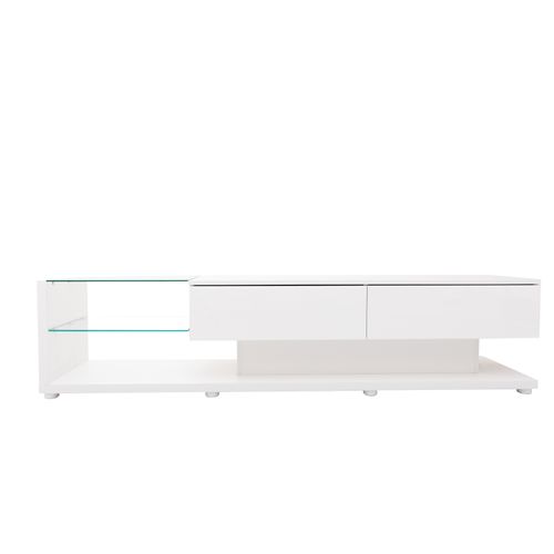 Armoire TV Moderne Avec Lampes LED, Meuble TV Avec 2 Tiroirs Et Étagères En Verre, Meuble Bas, Blanc