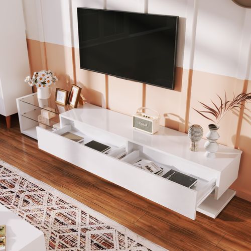 Armoire TV Moderne Avec Lampes LED, Meuble TV Avec 2 Tiroirs Et Étagères En Verre, Meuble Bas, Blanc