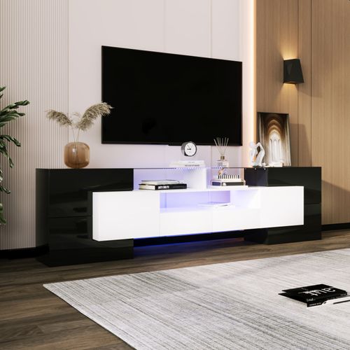Meuble TV Bas Avec Éclairage LED , Commode Avec Beaucoup D'espace De Rangement , Noir Et Blanc