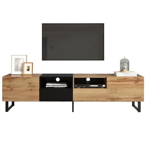 Meuble TV Moderne En Bois Massif Avec Design Noir Et Bois, Meuble TV Avec 2 Portes Et 2 Tiroirs