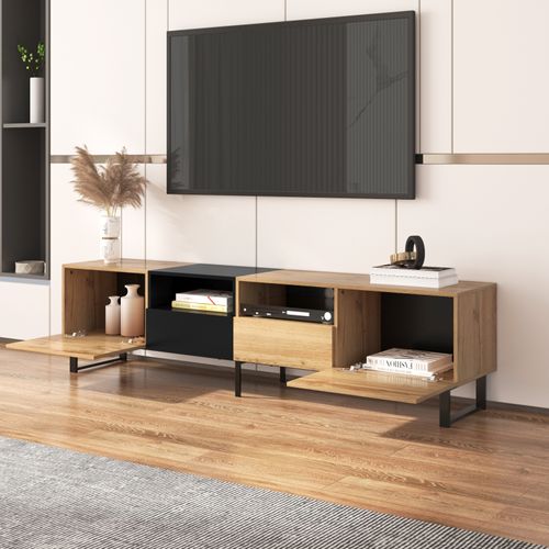 Meuble TV Moderne En Bois Massif Avec Design Noir Et Bois, Meuble TV Avec 2 Portes Et 2 Tiroirs
