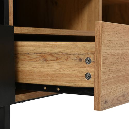 Meuble TV Moderne En Bois Massif Avec Design Noir Et Bois, Meuble TV Avec 2 Portes Et 2 Tiroirs