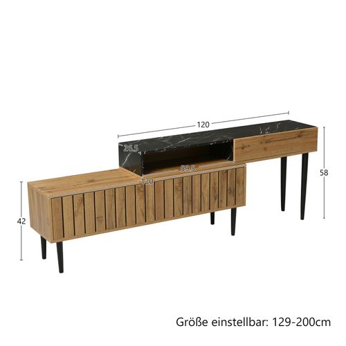 Support TV Avec Design En Marbre Et Grain De Bois, Pieds En Fer, 180 X 36,5 X 58 Cm, Bois Foncé