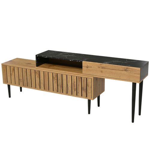 Support TV Avec Design En Marbre Et Grain De Bois, Pieds En Fer, 180 X 36,5 X 58 Cm, Bois Foncé
