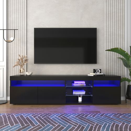 Meuble TV Avec Rangement , 3 Portes Et 2 Étagères En Verre , Meuble TV Avec LED Variable , Noir