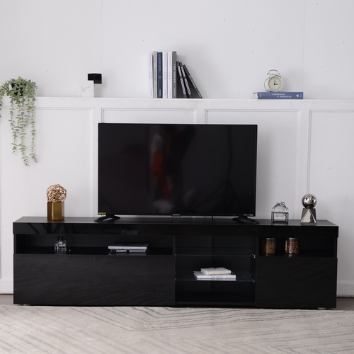 Meuble TV Avec Rangement , 3 Portes Et 2 Étagères En Verre , Meuble TV Avec LED Variable , Noir