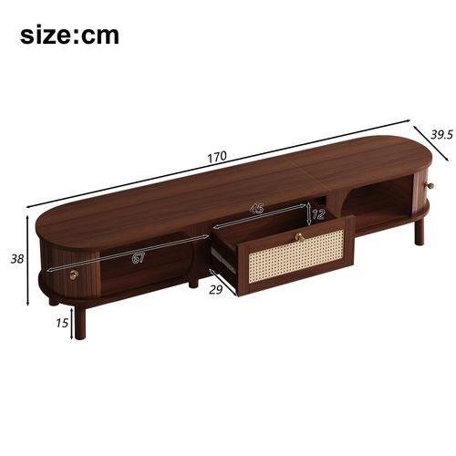 Meuble TV Vintage En Noyer, Avec 2 Portes En Bois Naturel Et 1 Tiroirs En Rotin,170 X 39,5 X 38 Cm