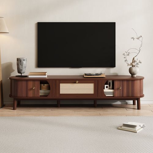 Meuble TV Vintage En Noyer, Avec 2 Portes En Bois Naturel Et 1 Tiroirs En Rotin,170 X 39,5 X 38 Cm