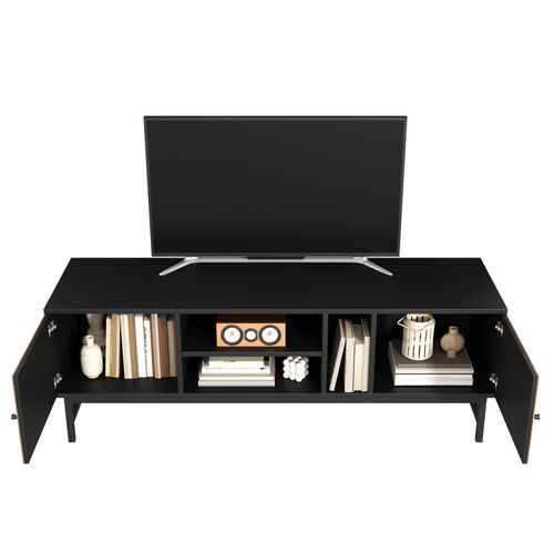 Meuble Télé Avec 2 Portes Et 3 Compartiments, Armoire De Télévision Pieds De Support En Métal, Noir