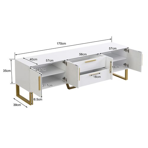 Table TV Avec Socle, Poignées Dorées, Meuble Bas De Salon Avec Portes Structurées Sculptées, Blanc