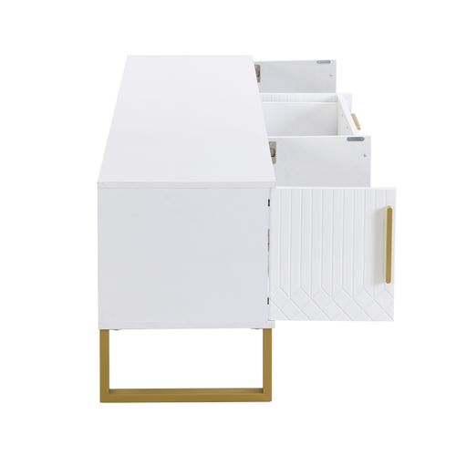 Table TV Avec Socle, Poignées Dorées, Meuble Bas De Salon Avec Portes Structurées Sculptées, Blanc