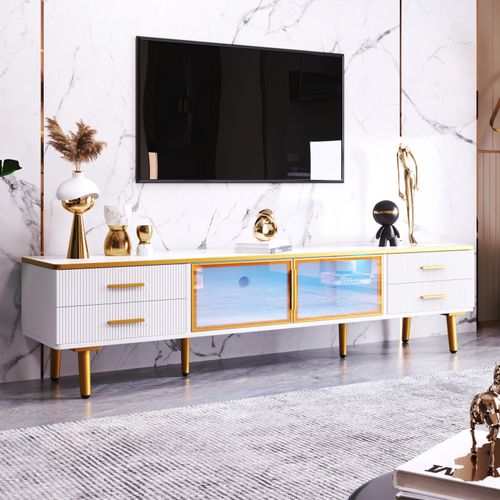 Meuble TV Blanc Meuble Télé Avec LED , Commode Avec 4 Tiroirs Et 2 Portes En Verre Trempé