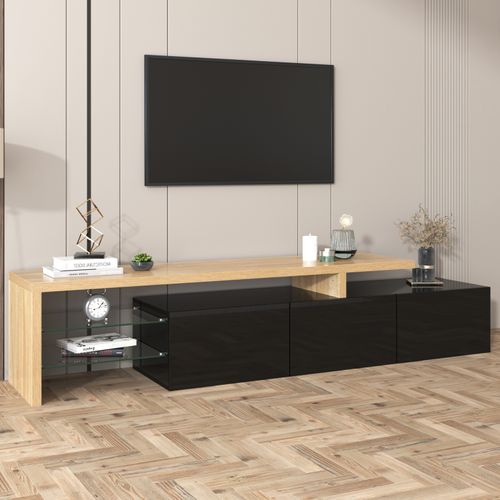 Meuble TV 197 Cm Noir Brillant Avec Éclairage LED Meuble TV Bas Avec Étagère En Verre Et 3 Portes