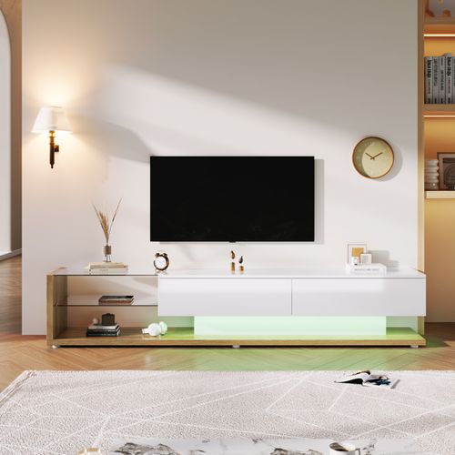 Meuble TV Avec Cloisons En Verre Et LED Variable , Avec 2 Tiroirs Et Étagère Ouverte , Blanc