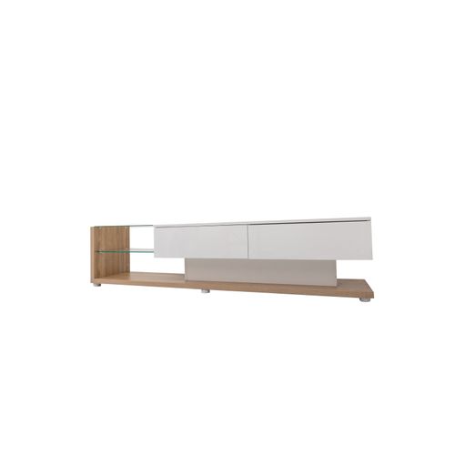 Meuble TV Avec Cloisons En Verre Et LED Variable , Avec 2 Tiroirs Et Étagère Ouverte , Blanc