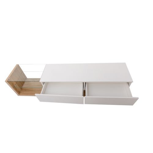 Meuble TV Avec Cloisons En Verre Et LED Variable , Avec 2 Tiroirs Et Étagère Ouverte , Blanc