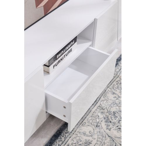 Meuble TV Moderne Blanc Brillant Pour Salon, Style Patchwork Biseauté, 170 X 42 X 37 Cm