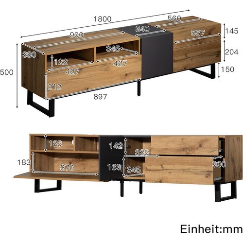 Meuble TV Bas De Style Industriel Rétro 180 Cm, Banc TV Avec 2 Portes Et 2 Tiroirs, Noir+bois