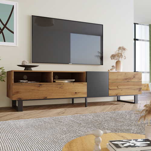 Meuble TV Bas De Style Industriel Rétro 180 Cm, Banc TV Avec 2 Portes Et 2 Tiroirs, Noir+bois
