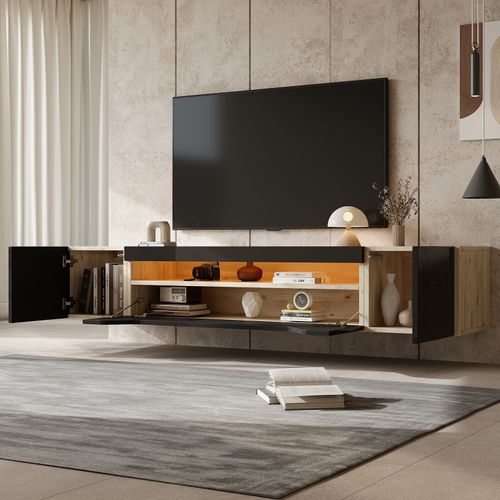 Meuble TV Bas Brillant à Suspendre Avec LED - Avec Porte Pliante - Étagère Murale De 180 Cm - Noir