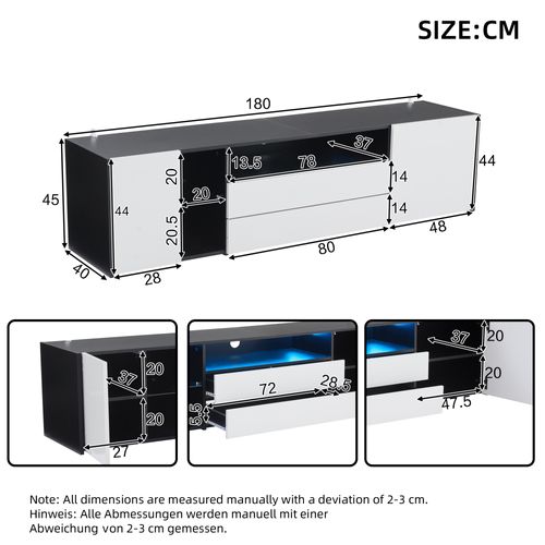 Meuble TV Avec LED Brillant Avec 2 Portes Et 2 Tiroirs - Meuble TV - 180 Cm - Noir Et Blanc