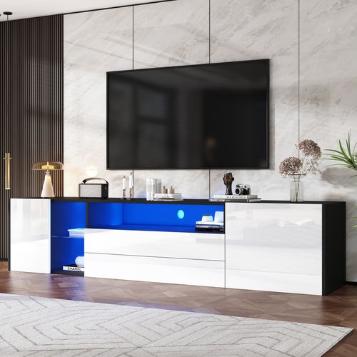 Meuble TV Avec LED Brillant Avec 2 Portes Et 2 Tiroirs - Meuble TV - 180 Cm - Noir Et Blanc