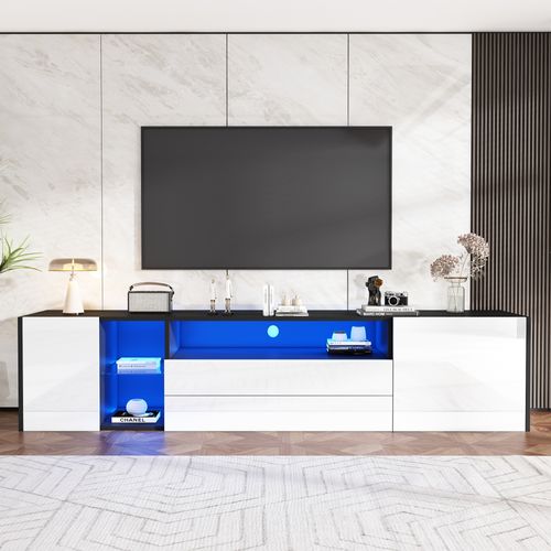 Meuble TV Avec LED Brillant Avec 2 Portes Et 2 Tiroirs - Meuble TV - 180 Cm - Noir Et Blanc