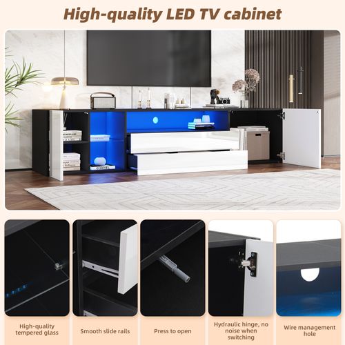Meuble TV Avec LED Brillant Avec 2 Portes Et 2 Tiroirs - Meuble TV - 180 Cm - Noir Et Blanc
