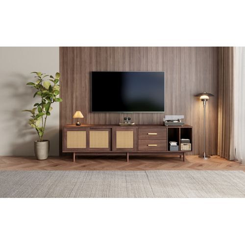 Meuble TV Bas Avec Porte Coulissante En Rotin, Tiroir, Compartiments De Rangement, 190 Cm, Marron