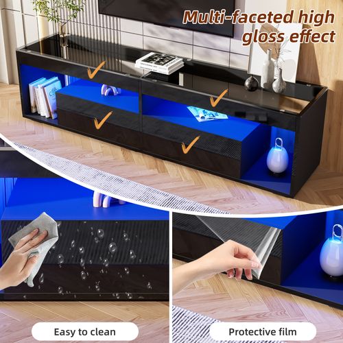 Meuble TV Avec Éclairage LED - Noir Brillant  - Support TV Avec 2 Tiroirs - Plateau En Verre