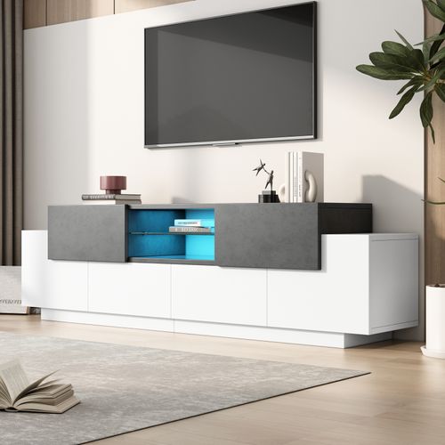 Meuble TV LED Avec 4 Portes Étagères En Verre Ouvertes 1 Tiroir Commode TV, Blanc + Gris